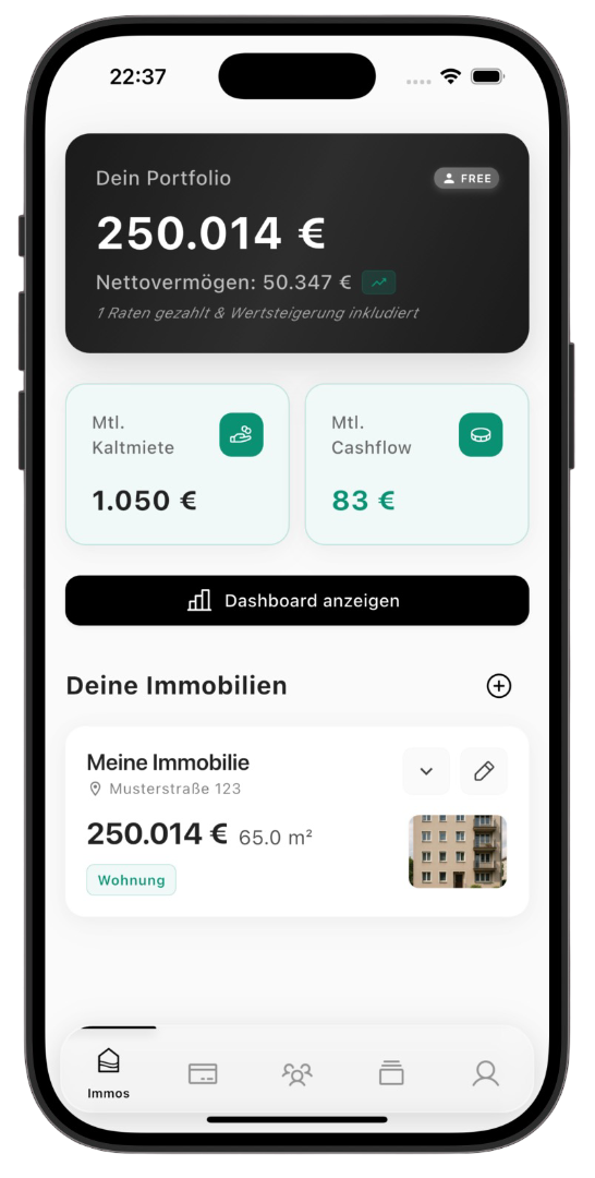ImmoFluss Dashboard - Portfolio-Übersicht mit Immobilien Performance Charts