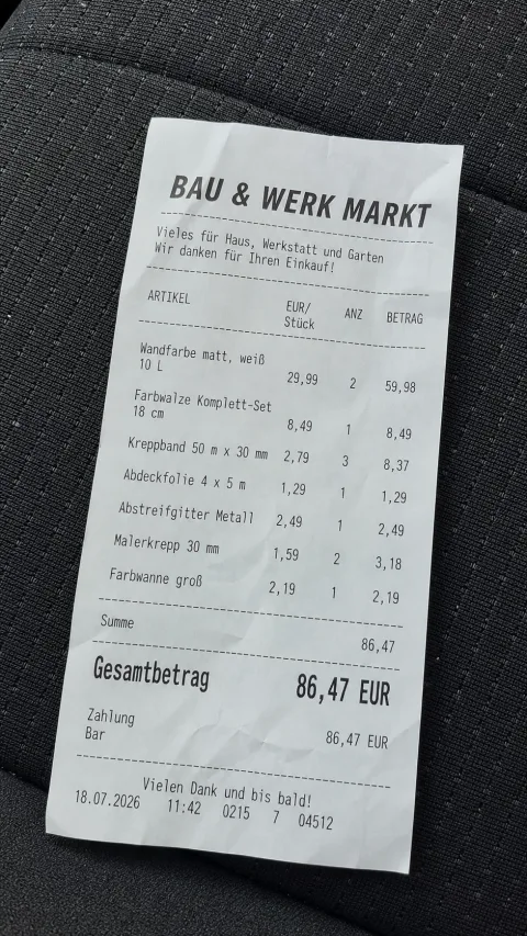 Abfotografierter, fiktiver Baumarkt-Kassenbon über 86,47 Euro