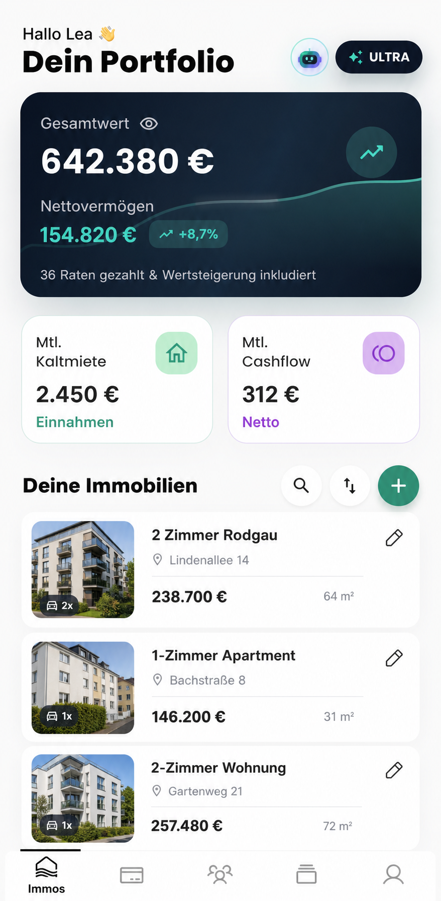 Anonymisierte ImmoFluss-Portfolioansicht
