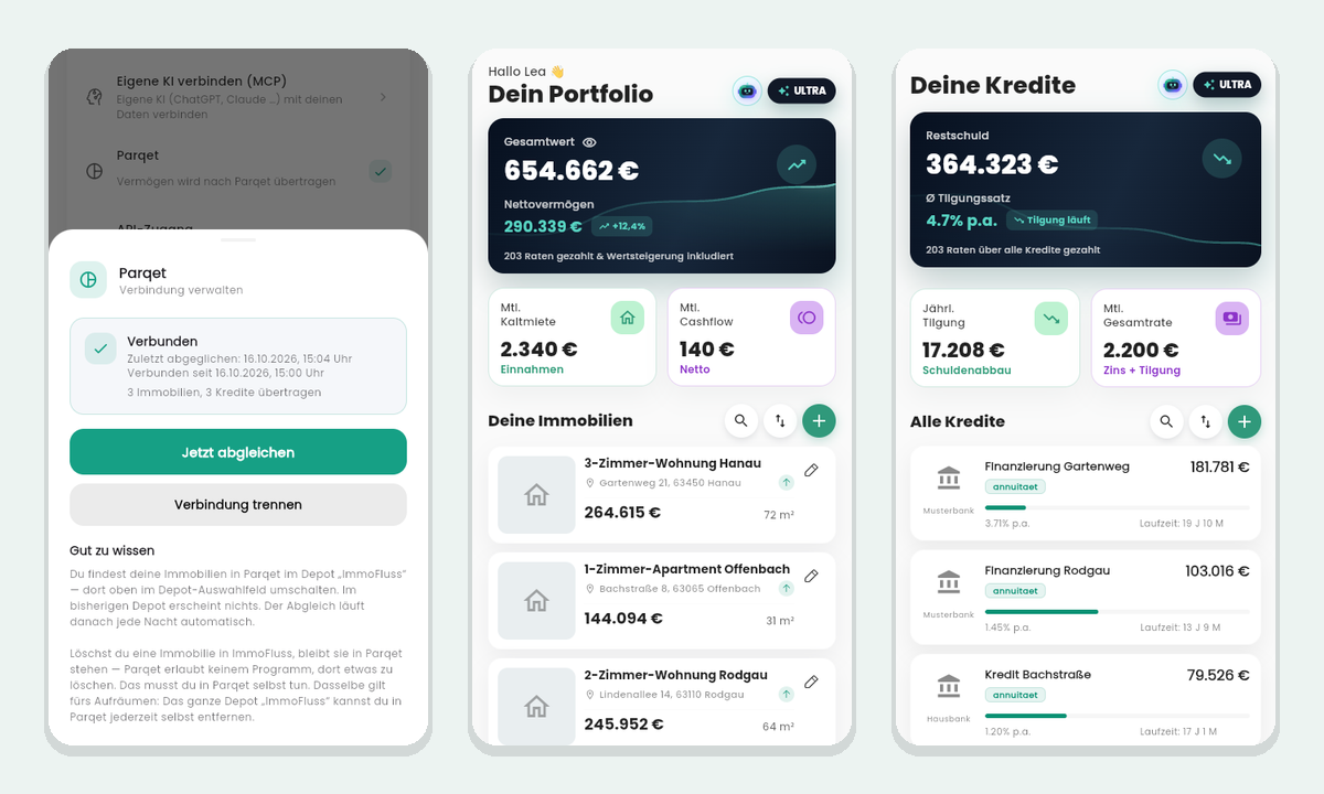 ImmoFluss App: Parqet-Verbindung, Portfolio und Kredite